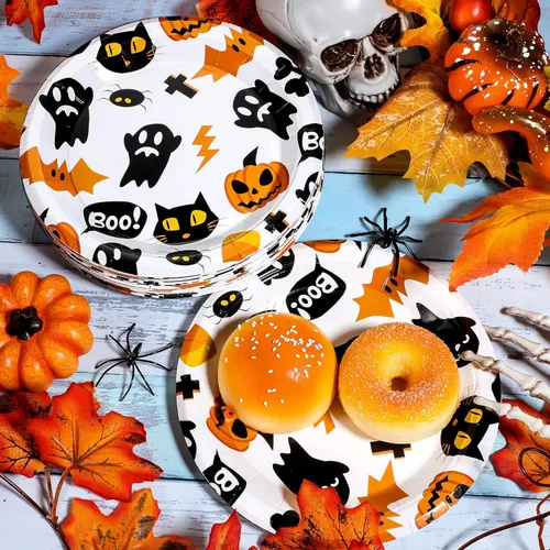 Vista 4 de Meanplan Platos de postre de Halloween, platos desechables redondos de Halloween, platos de papel de calabaza, gato, fantasma, juego de vajilla