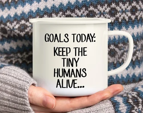 Vista 5 de Retreez Goals Today Keep The Tiny Humans Alive - Taza de café esmaltada de acero inoxidable de 16 onzas para campamento – Divertido sarcasmo regalo