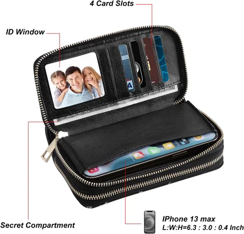 Vista 6 de Cartera de teléfono celular para mujer con doble cremallera y correa de muñeca extraíble