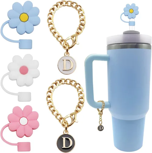 Vista 8 de ANDERSE Stanley - 3 tapas de popote para accesorios de copa Stanley de silicona con diseño de flores de 0.394 pulgadas, 2 piezas de dije de letra