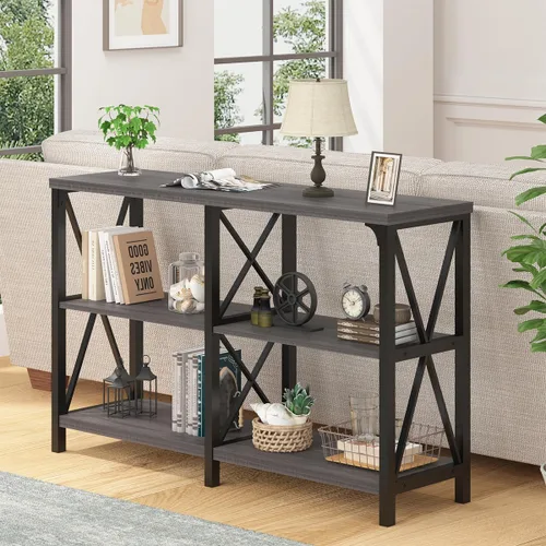Vista 27 de IBF Mesa de entrada de granja, mesa consola larga rústica detrás del sofá, moderna mesa de sofá de madera de metal con estantes de almacenamiento
