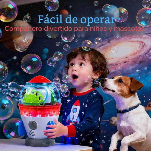 Vista 5 de Máquina de burbujas en forma de cohete para niños y mascotas, salidas de burbujas duales potentes, rotación automática de 360°, luces LED ajustables