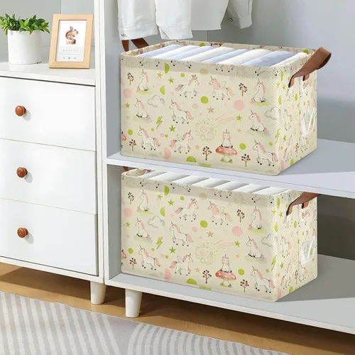 Vista 7 de Pink and Green Uncorns Sturdy Storage Basket Large Decorative Organizer with Handles Closet Clothes Organizer for Shelves Closet Books cajas