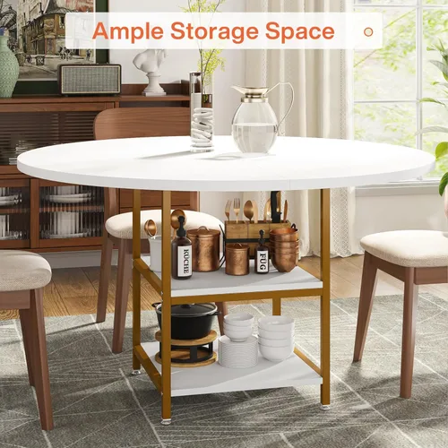 Vista 14 de Tribesigns Mesa de comedor redonda de 47 pulgadas para 4 personas, mesas de comedor circulares con estantes de almacenamiento y parte superior