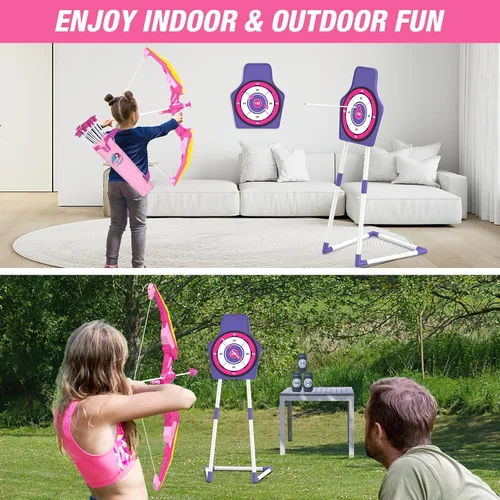 Vista 7 de Arco y flecha para niños, juego de tiro con arco con luz LED con 12 flechas de ventosa, 1 objetivo de pie, 3 objetivos de puntuación y 1 carcaj