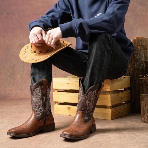 Vista 3 de Jousen Botas Vaqueras para Hombres con Bordado, Botas Occidentales Retro de Punta Cuadrada para Hombre, Botas Vaqueras Para Hombre
