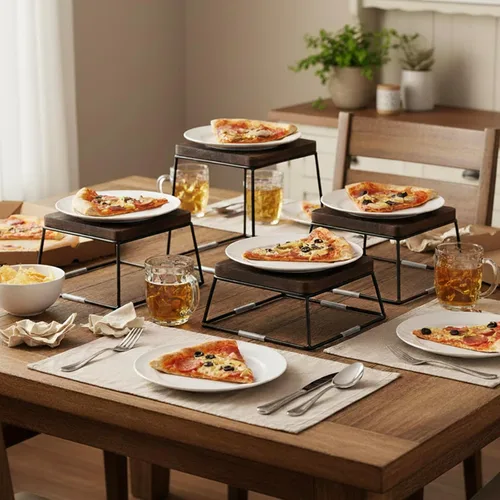 Vista 2 de MyGift Juego de exhibición de mesa de postre, 4 elevadores de alimentos, elevadores de bufé de madera marrón, soporte para pizza con base de alambre