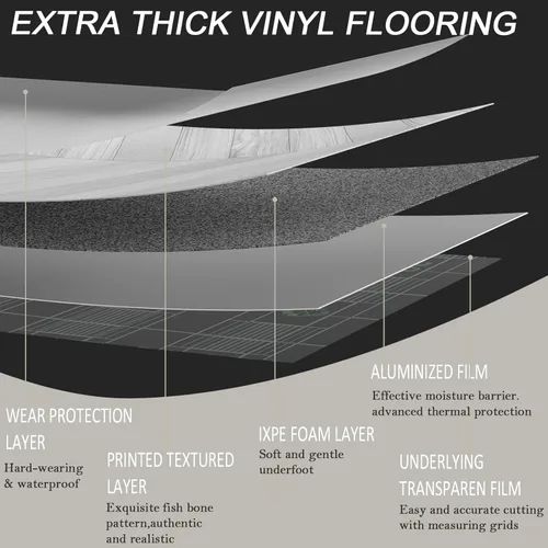 Vista 4 de Oxdigi Rollo de azulejos de vinilo grueso autoadhesivo con patrón de espiga, suelo de tablones de madera, impermeables, fáciles de instalar, blanco