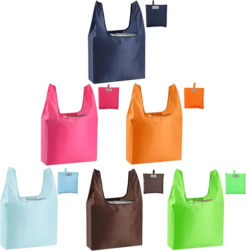 Vista 9 de Bolsas grandes reutilizables para compras, lavables, plegables, paquete de 6 bolsas de comestibles, resistentes, ligeras, plegables, bolsas