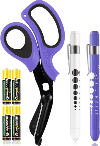 MEUUT Paquete de 3 unidades de luz de bolígrafo y tijeras médicas - Una tijera de trauma patentada de 8 pulgadas, dos luces de bolígrafo LED con