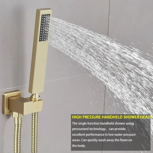 Vista 4 de Sistema de Ducha Dorado Cepillado para Baño con Cabezal de Ducha de Lluvia de 10 Pulgadas de Montaje en Techo con Ducha de Mano de Lujo de Alta