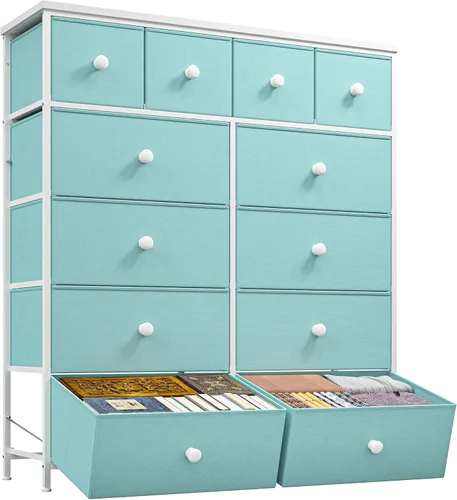 Vista 16 de Cómoda para dormitorio con organizador de cajones de almacenamiento, cómodas y baúles de tela, marco de metal resistente, parte superior de madera
