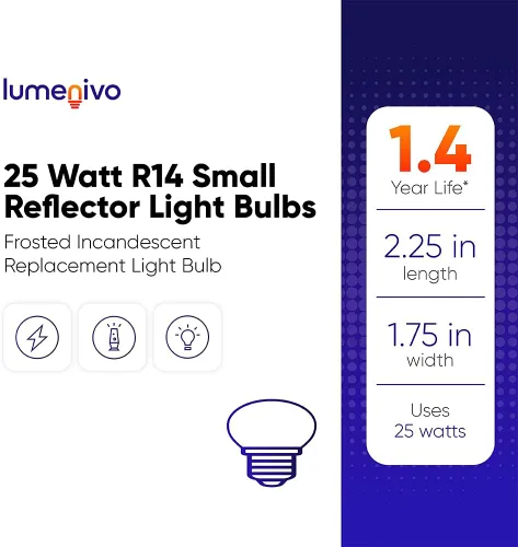 Vista 7 de lumenivo Bombillas reflectoras pequeñas R14 de 25 vatios – 120/130 voltios E26 de repuesto de base de cuello corto incandescente esmerilada de lava