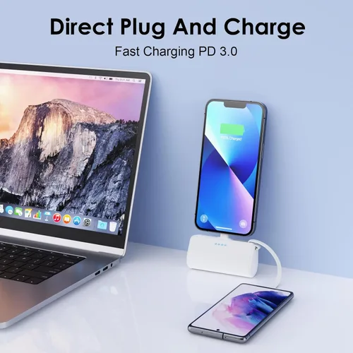 Vista 3 de Paquete de 2 Mini cargador portátil para iPhone, 2024 actualizado, batería PD de 5200 mAh, cable USB C integrado, cargador de respaldo compatible