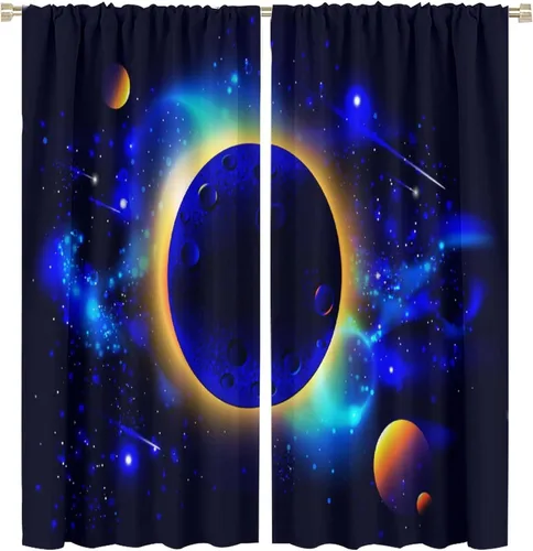 Vista 24 de Cortinas opacas de espacio exterior negro y blanco para dormitorio de niños, cortinas de ventana de planeta cósmico de dibujos animados, diseño