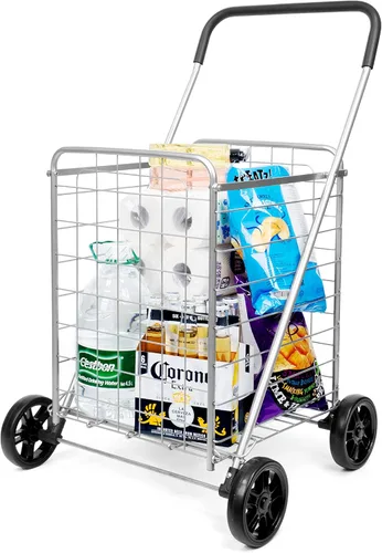 Carrito de compras de comestibles – Carrito utilitario de lujo con cesta de gran tamaño e instalación sin herramientas, carrito plegable ligero con