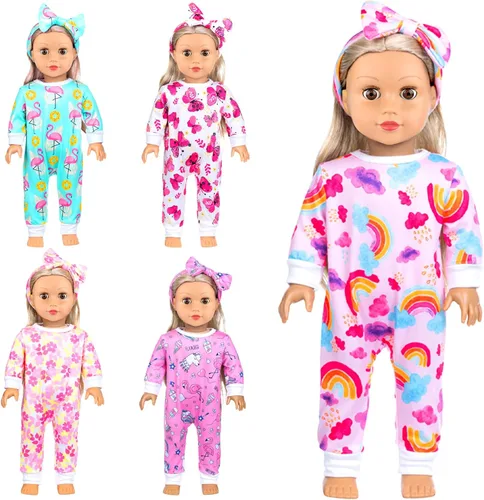 Vista 5 de Ecore Fun 5 juegos de ropa de muñeca y diademas – Accesorios para muñecas de 14 a 16 pulgadas, total 10 piezas – Mono con bonito patrón para muñecas