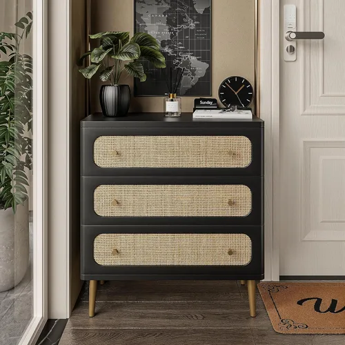 Vista 24 de LONYKE Cómoda de mimbre de ratán, cómoda de 3 cajones, gabinete de almacenamiento de madera con acabado blanco crema, mesa decorativa moderna
