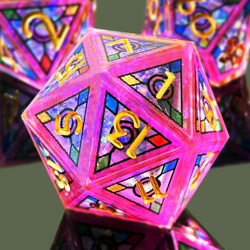 Vista 28 de Juego de Dados de Resina de Doble Capa 7 piezas/ Efecto de Vidrio Manchado y Números Dorados/Dados Poliédricos de Borde Afilado/Aplicable a