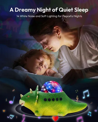 Vista 3 de Proyector de luz nocturna de dinosaurio para niños, 8 colores cambiantes, 14 sonidos de sueño, rotación de 360°, luces de proyección