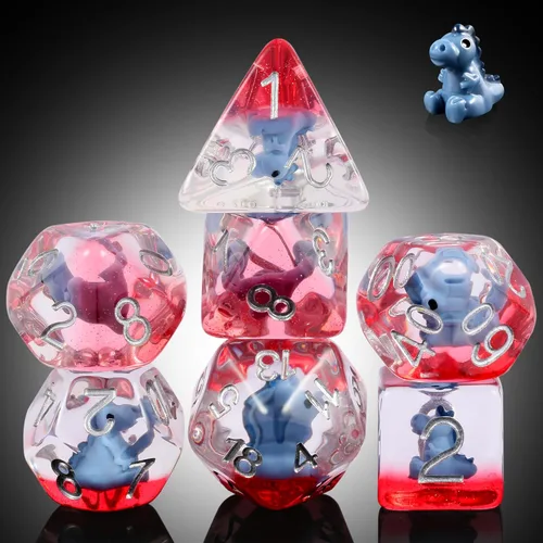DNDND Juego de 7 dados DND con temática de dinosaurio bebé, dados poliédricos de resina con números de Sivler para Pathfinder de Calabozos y