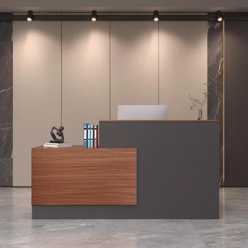 Vista 10 de Escritorio de recepción en forma de L con cajones con cerradura, archivador ajustable y bandeja para teclado, mostrador frontal moderno