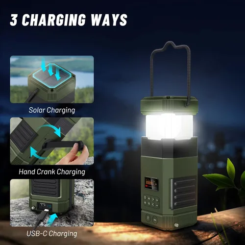 Vista 2 de Libovgogo Linterna LED de emergencia DF-585, IPX5, altavoz Bluetooth estéreo impermeable, manivela NOAA radio de alerta meteorológica con solar