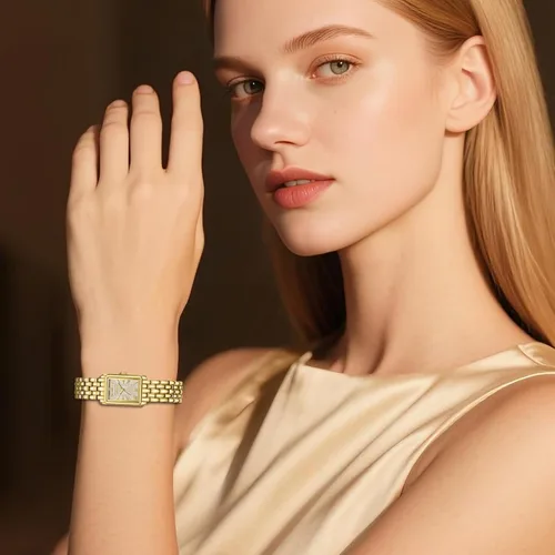 Vista 6 de BOFAN Relojes dorados para mujer con pulsera vintage, caja rectangular, esfera romana, herramienta de ajuste incluida, resistente al agua