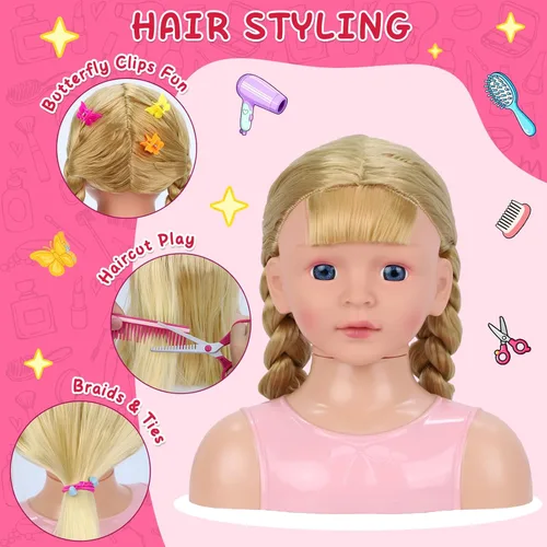 Vista 4 de Cabeza de Muñeca para Estilo de Cabello Infantil, Juguetes de Peluquería de Simulación para Niñas con Secador de Pelo y Accesorios, Regalos