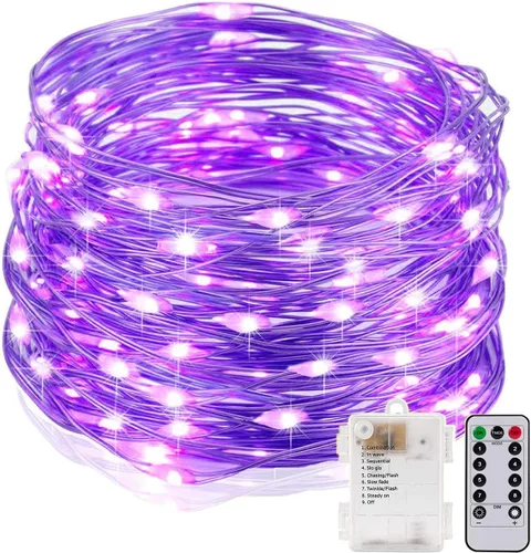 Vista 10 de Cadena de luces, luces LED de alambre de cobre, cada juego de 33 pies/32.8 ft 100 LED y 9 controles remotos. Funciona con pilas AA, luces Rojo