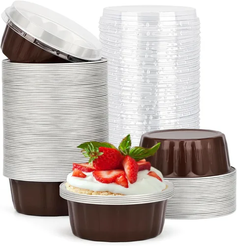 Vista 22 de Beasea Tazas de Ramekin de Aluminio con Tapa, 50 Unidades 6.1oz 180ml Mini Ramekins Desechables de Aluminio para Horno, Tazas Redondas para Cupcakes