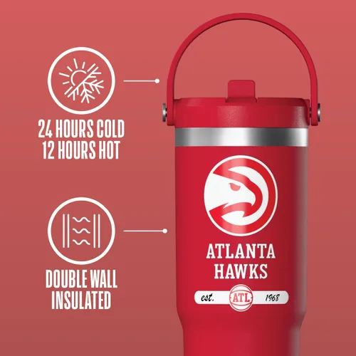 Vista 5 de Hydrapeak x NBA Vaso Nomad con Licencia Oficial de Atlanta Hawks de 32 oz con Asa y Tapa con Popote, Botella de Agua de Acero Inoxidable a Prueba