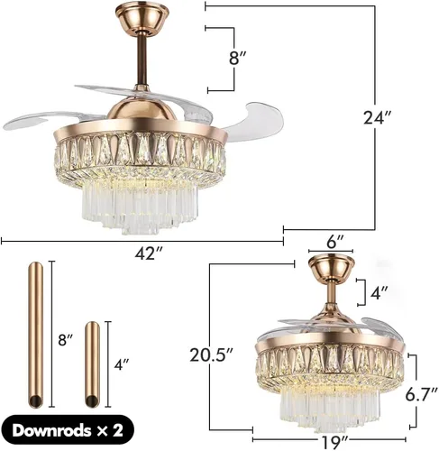 Vista 5 de Crystal Ceiling Fan with Light and Remote Control Gold Retractable Fandelier Fan, Modern Chandelier Ceiling Fan with 3 Color Lights and 3 Speed for