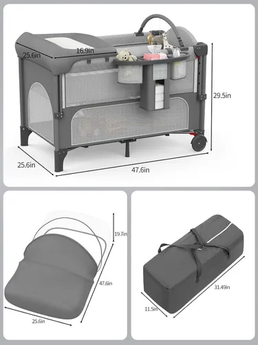 Vista 6 de Cuna para bebé, empacar y jugar, cuna ajustable de 4 alturas, cambiador de pañales con almohadillas para pañales, puerta con cremallera, mosquitera