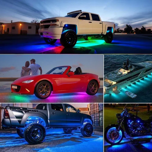 Vista 6 de Luces subterráneas para automóvil, 6 tiras de luces LED con persecución de color RGB de ensueño, control por aplicación de 12 V, luces LED flexibles