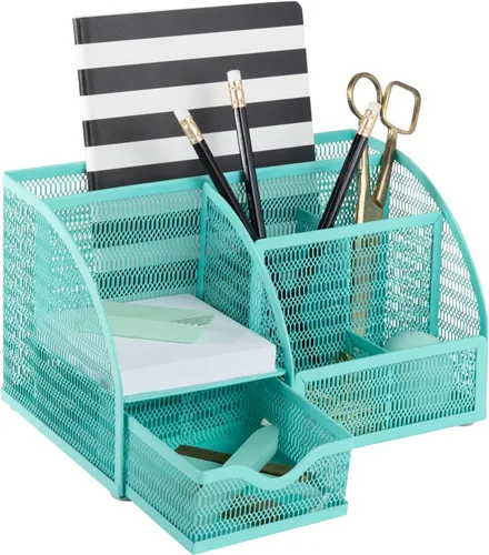 BLU MONACO Organizador de Escritorio Aqua | Soporte de Papelería de Metal Turquesa con Cajón y Compartimentos | Almacenamiento de Escritorio para