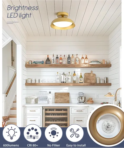 Vista 2 de kudos KDCL01-GD-S - Lámpara de techo dorada, lámpara LED de 9.5 pulgadas, lámpara colgante moderna de 12 W 600 lm, iluminación de techo regulable