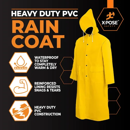 Vista 3 de Xpose Safety Chaqueta impermeable amarilla resistente de 0.014 in PVC 48in con capucha desmontable, impermeable, pesca