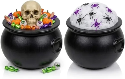 Vista 22 de PMU 2 piezas de caldero de Halloween – 10 pulgadas, 8 pulgadas, cuenco de caldero de plástico de bruja negro, para decoración de Halloween