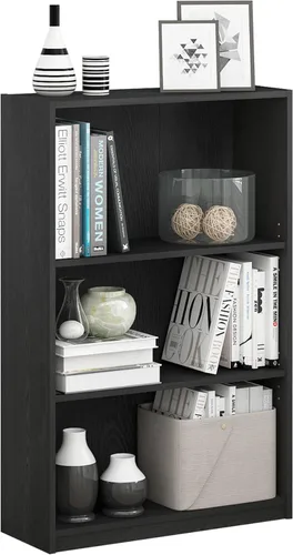 Furinno Jaya Book Shelf, 3-Tier Bookshelf, Bookcase with Adjustable Shelves, 9.5 x 24.5 x 40.3, for Living Room, Bedroom, Home Office, Blackwood