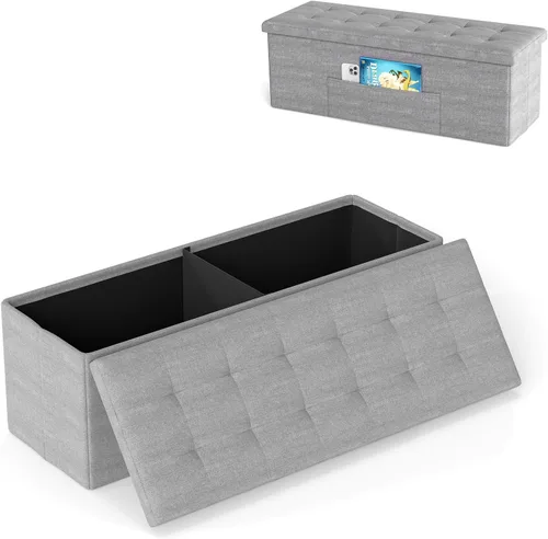 Vista 11 de Giantex Banco otomano de almacenamiento, 43 pulgadas de largo, plegable, con bolsillo lateral, divisor, banco de zapatos acolchado para sala