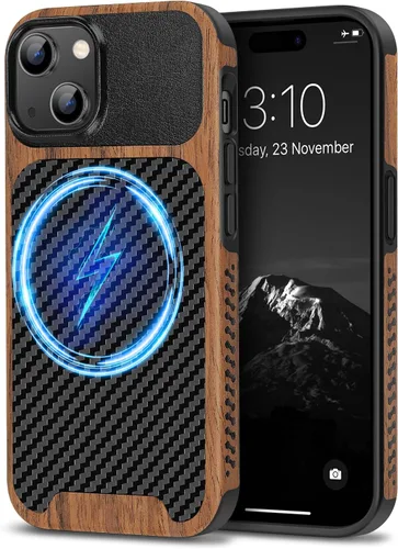 Vista 10 de TENDLIN Compatible con Funda para iPhone 15, Funda de Madera con Textura de Fibra de Carbono, Diseño Híbrido de Cuero Delgado (Negro)