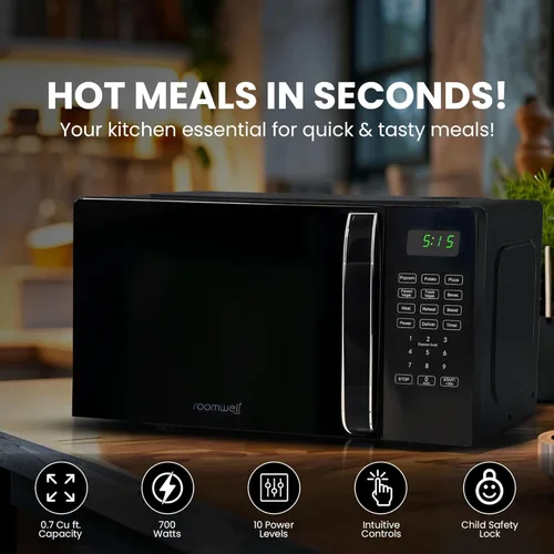 Vista 5 de Encimera de microondas pequeña de 0.7 pies cúbicos con pantalla digital, microondas de 700 vatios negro tiene 10 niveles de potencia y función