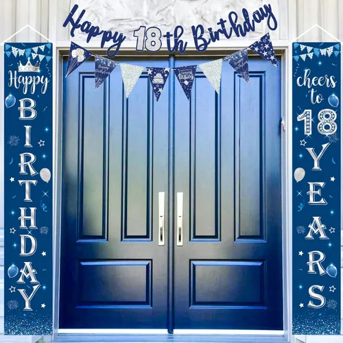 Kit de decoración de feliz cumpleaños número 18, color azul y plateado, pancarta de feliz cumpleaños 18 para puerta, porche, pancarta de fondo de