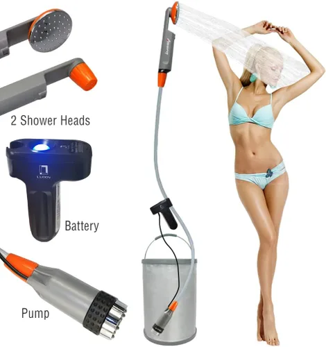 Vista 2 de LUOOV [actualizada] Ducha portátil de camping, bomba de ducha compacta con batería recargable USB, cabezal de ducha de mano para acampar