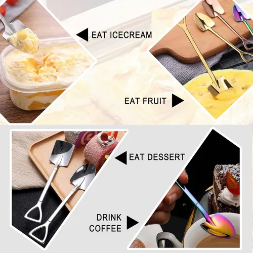 Vista 5 de 10 cucharas de pala de acero inoxidable, cucharas de postre reutilizables para café, té, helado, fruta y azúcar pastel