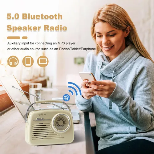 Vista 5 de Radio FM portátil Bluetooth AM, adecuada para el hogar, al aire libre/cocina, funciona con pilas, pared, montado, radio retro, esfera grande para un