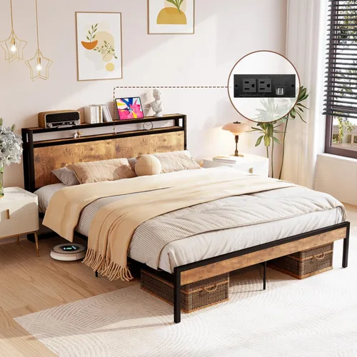 Vista 31 de Kiivakii Estructura de cama tamaño completo con cabecero, cama plataforma LED con 4 cajones de almacenamiento, estación de carga integrada, sin