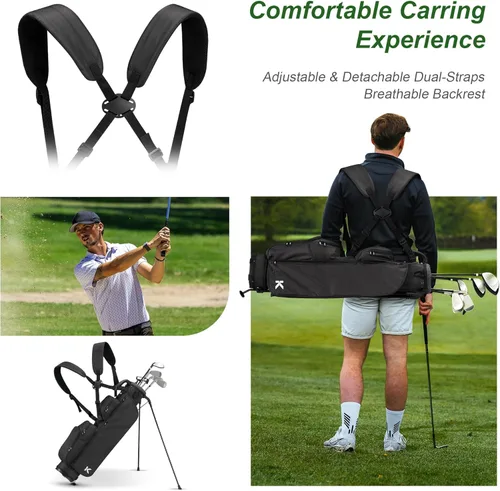 Vista 4 de KVV Bolsa de golf ligera para Pitch and Putt con soporte, correas ajustables duales, bolsa de soporte de golf para almacenamiento extra en un