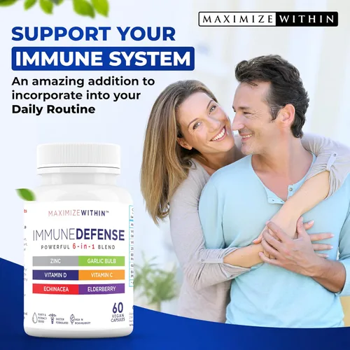 Vista 5 de Maximum Slim Potente suplemento 6 en 1 ImmuneDefense con zinc, vitamina C, saúco, vitamina D, equinácea y ajo, 60